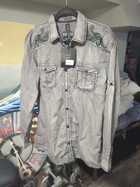 Emire Men's Button Up Western Cross Embroidered XL Shirt New With Tag Nwt